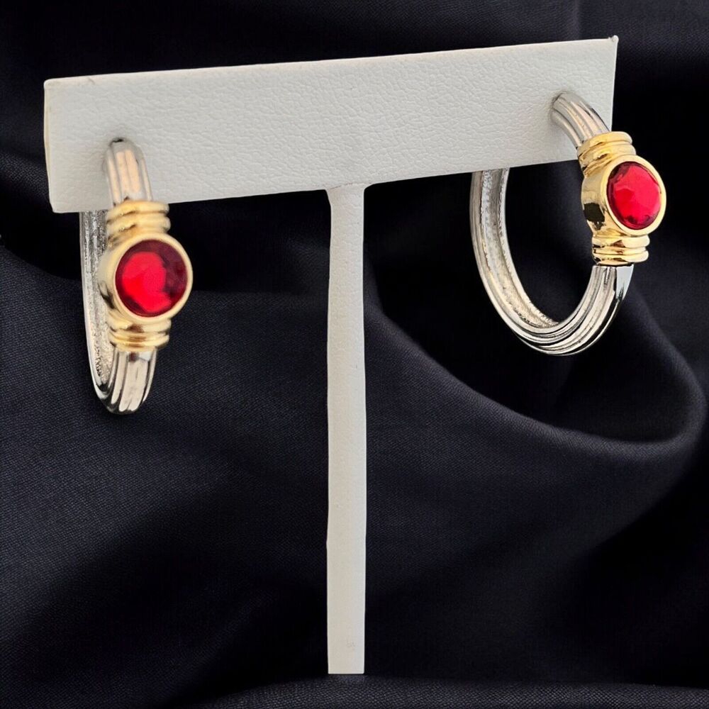 Vintage 1980s Hoop Earrings Red Glass Accent Two Tone Pierced - 9W